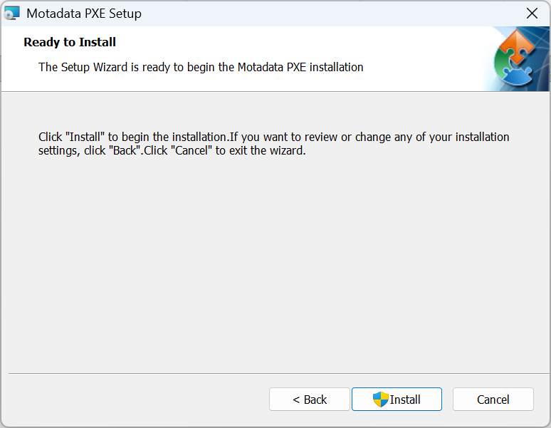 Motadata PXE Setup Wizard Ready to Install screen showing Install and Cancel buttons