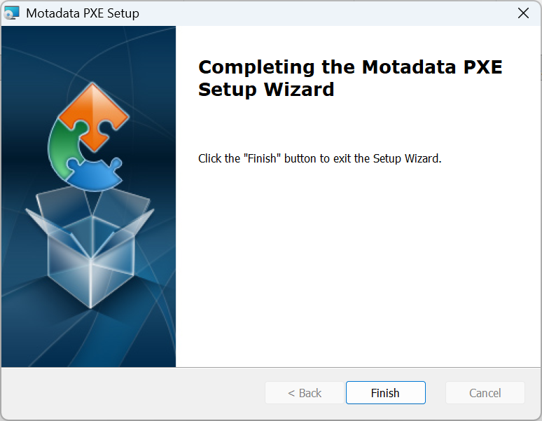 Motadata PXE Setup Wizard completion screen showing the Finish button