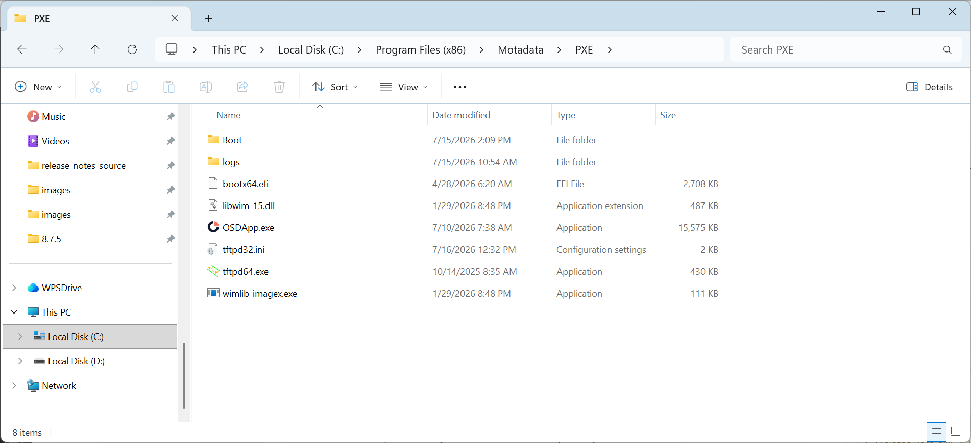 Windows Explorer showing the contents of C:Program Files (x86)MotadataPXE after installation
