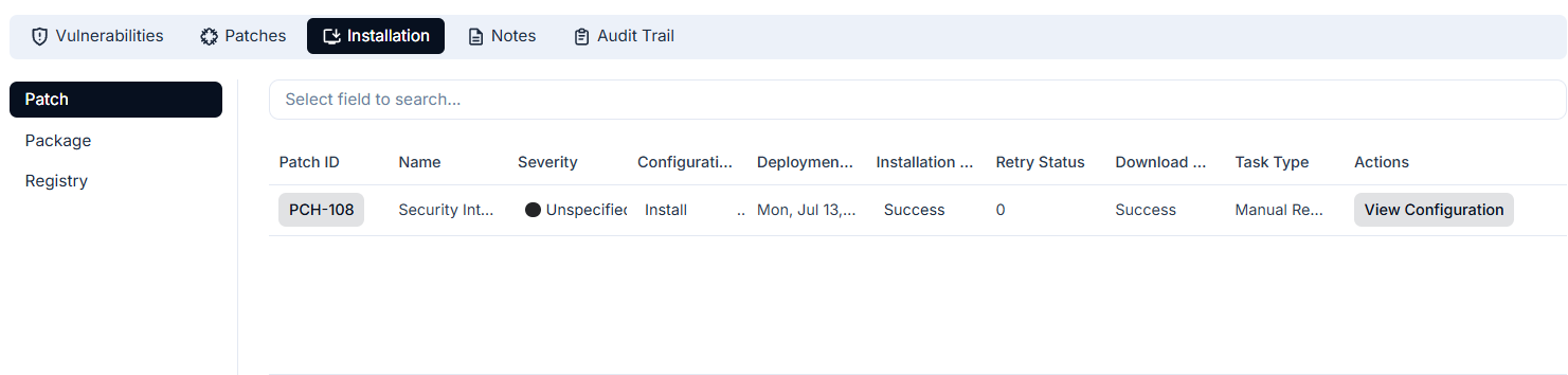 Installation Tab showing patch records with configuration, deployment date, installation status, and retry status columns
