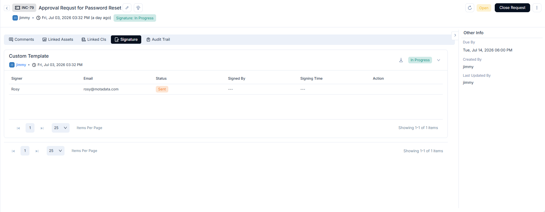 Signature tab on the Request Details page showing a signing request card with signer name, email, and Sent status