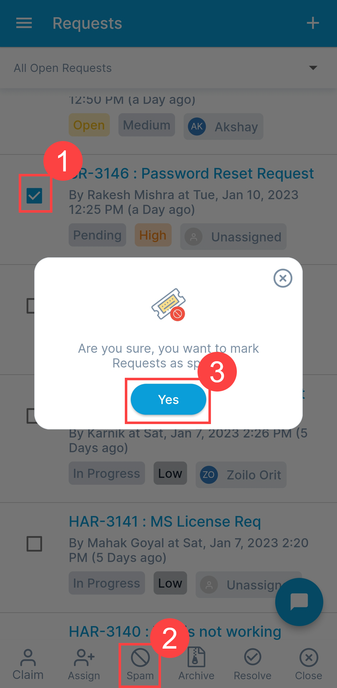 Selecting Requests and Marking as Spam