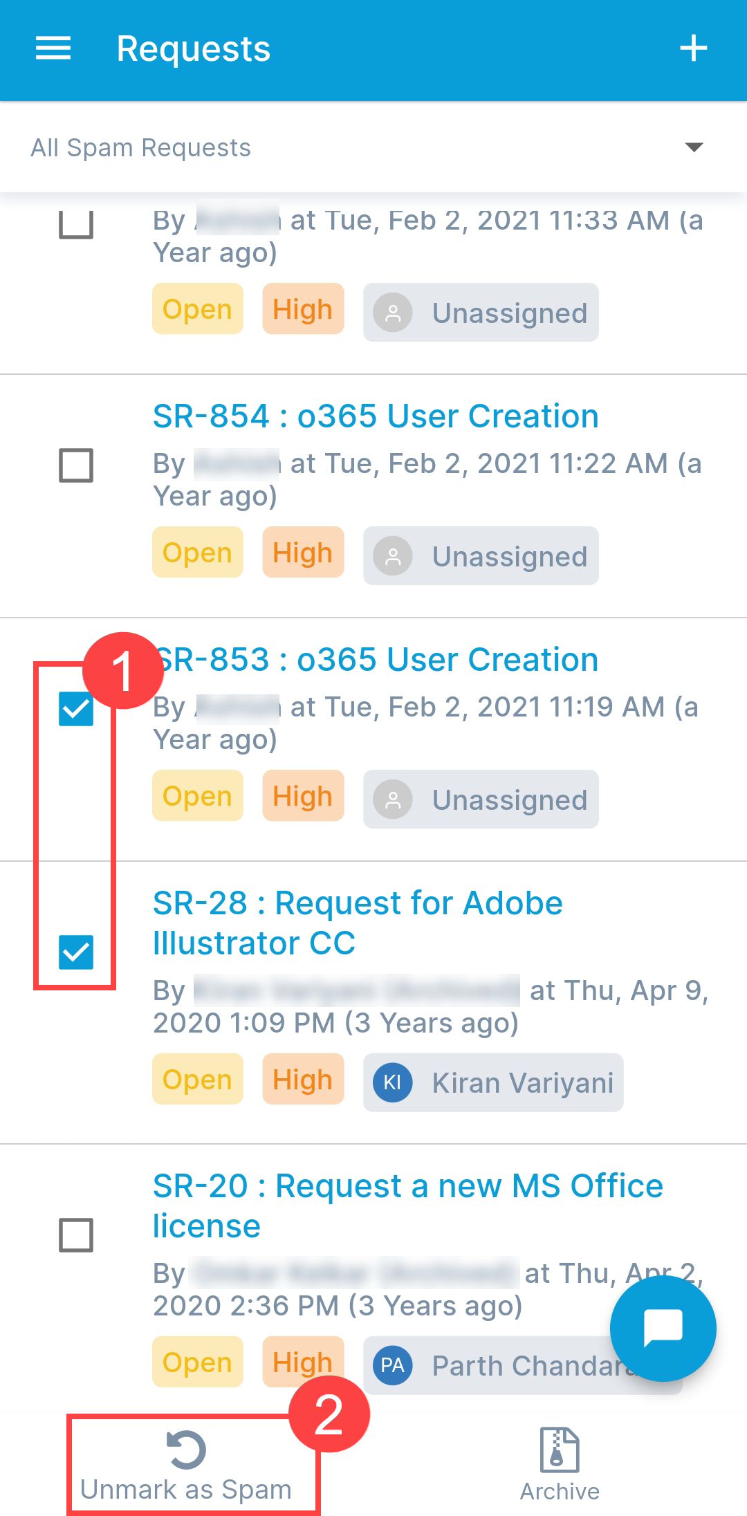 Selecting Requests to unmark as Spam