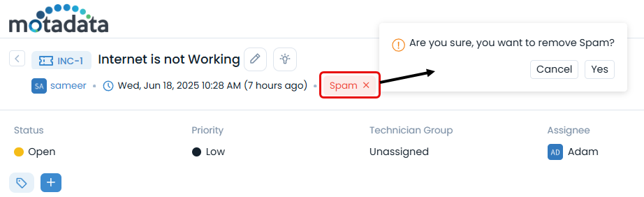 Delete spam tag to unmark the spam