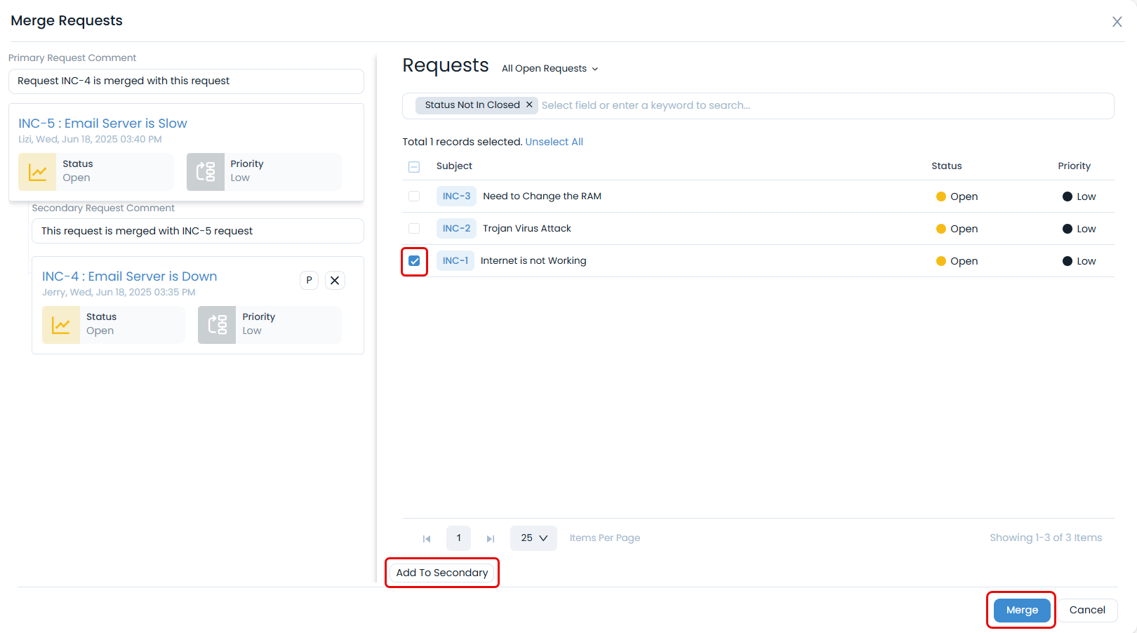 Add Requests to Merge or Add to Secondary Requests