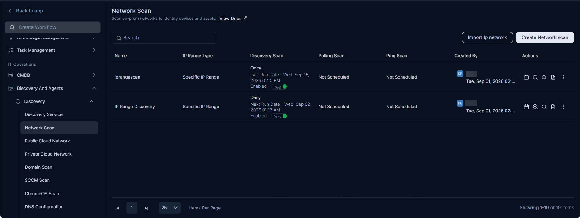 Network Scan list page showing existing network scans with available row actions