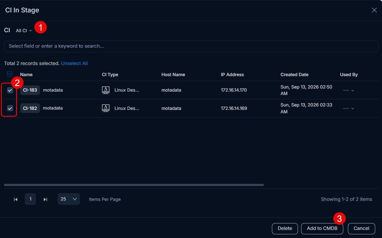 Add CI in Stage popup showing CI filter and CI list