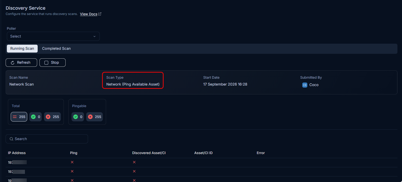Discovery Service page showing an active ping scan in progress