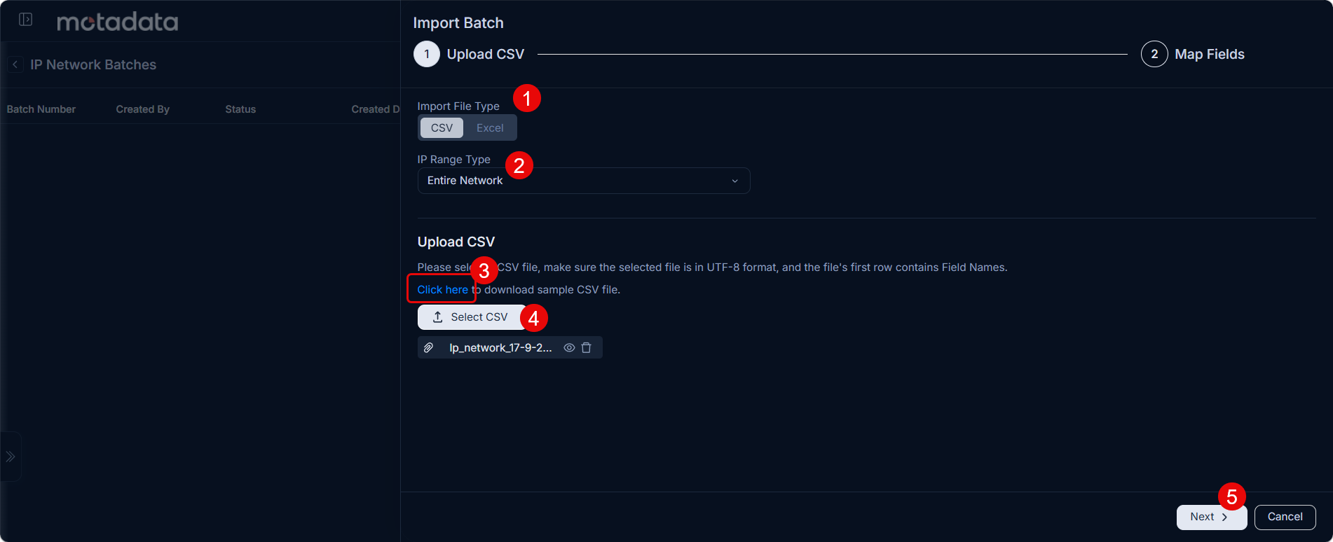 Import Batch panel showing Step 1 Upload CSV with Import File Type, IP Range Type, Upload CSV section, and Next button