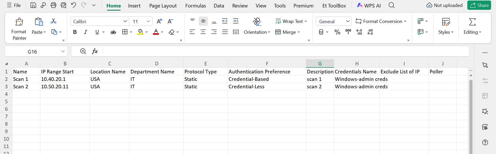 Sample CSV file showing expected columns for IP network batch import