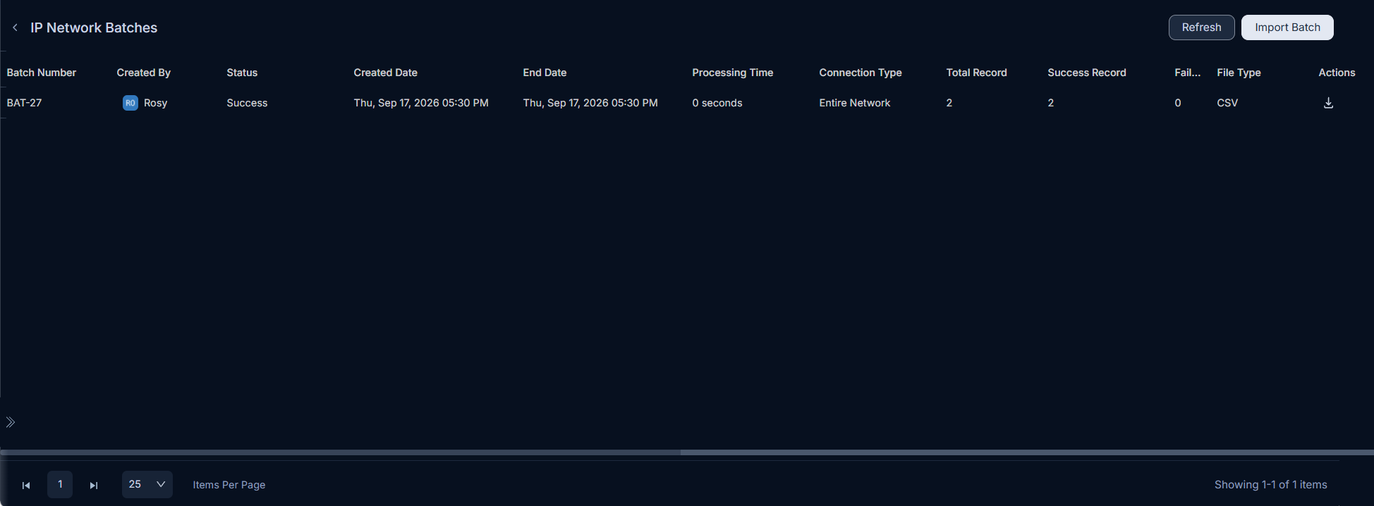 IP Network Batches list page showing a completed batch with Success status and record counts