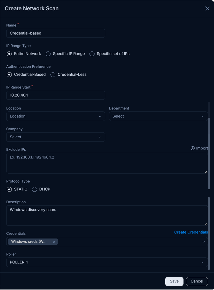 Create Network Scan popup showing all configuration fields