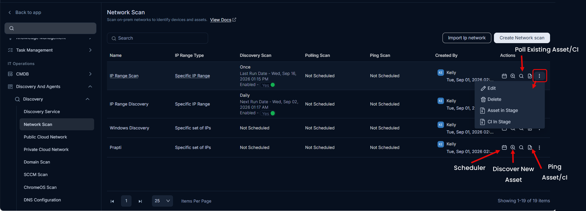 Network Scan list page after saving, showing the new scan with row action icons