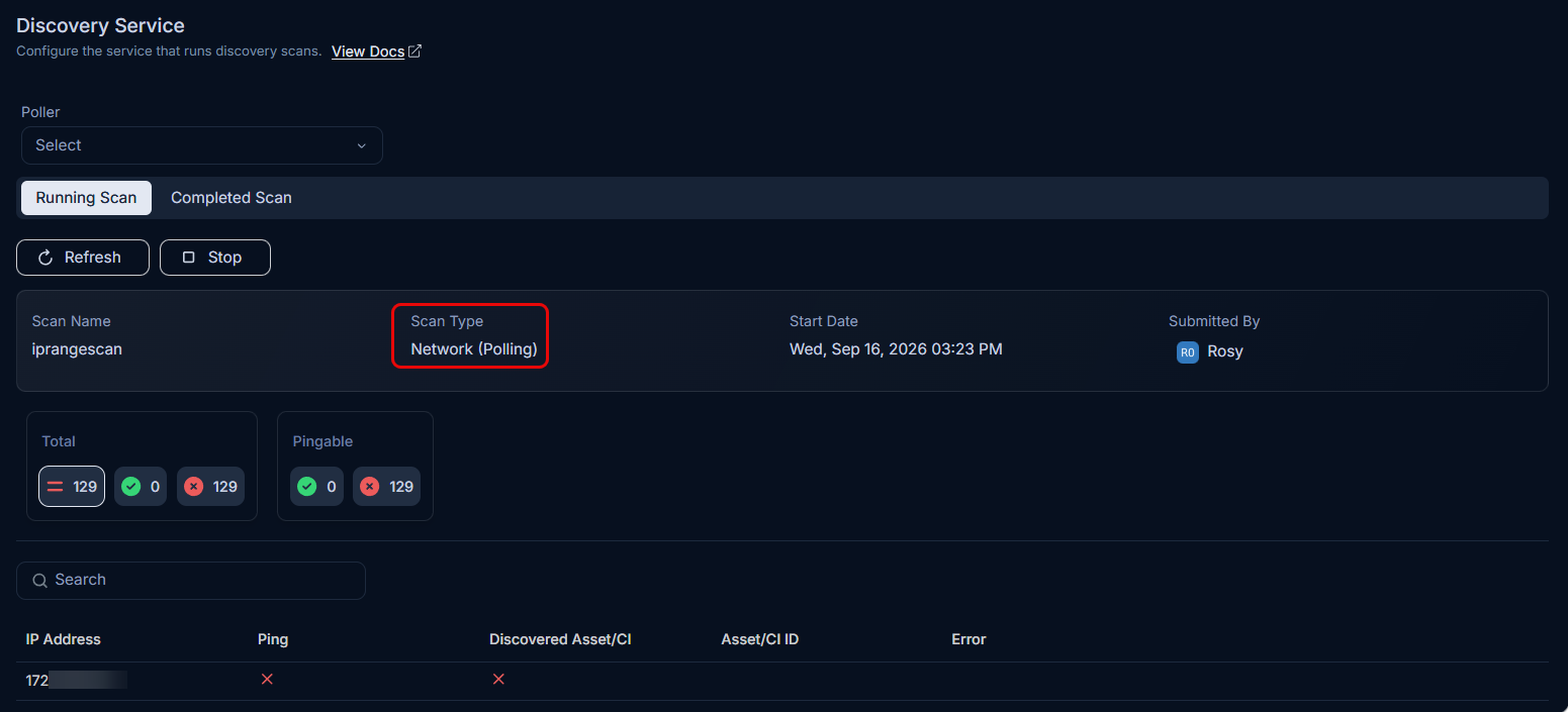 Discovery Service page showing a completed polling scan entry