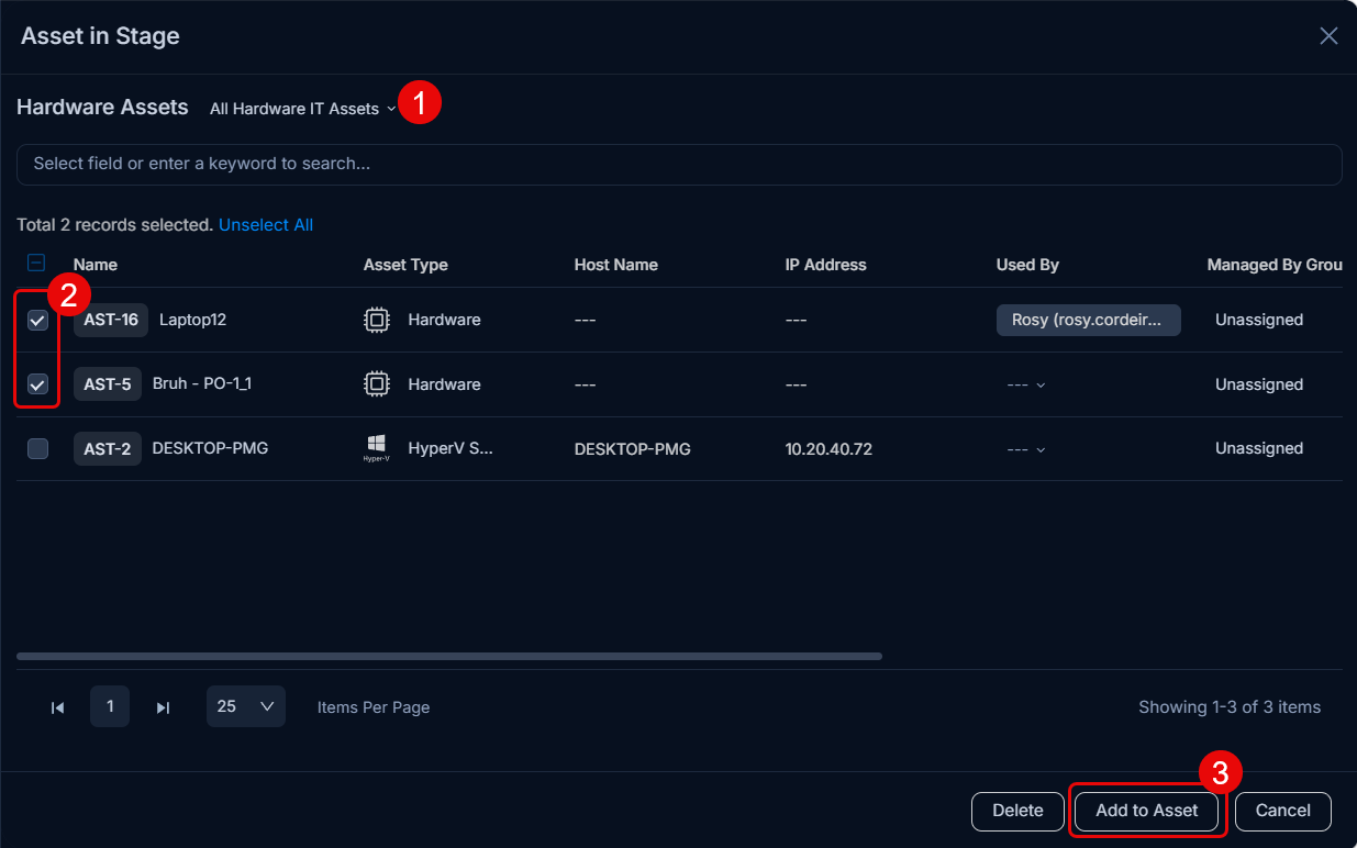 Add Asset in Stage popup showing asset type selector and asset list