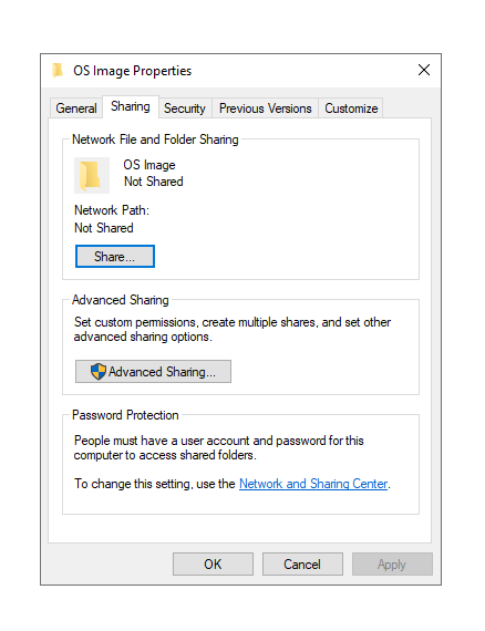 OS Image folder Sharing tab showing Not Shared status