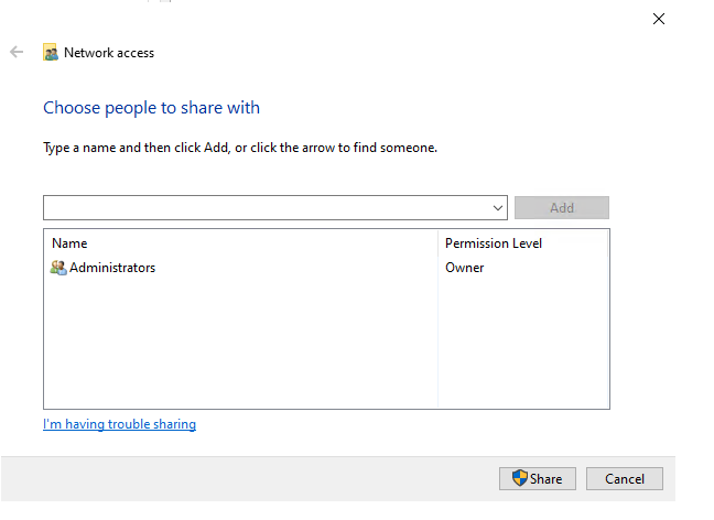 Network access dialog showing Choose people to share with