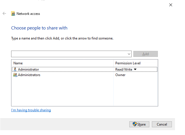 Administrator added with Read/Write permission