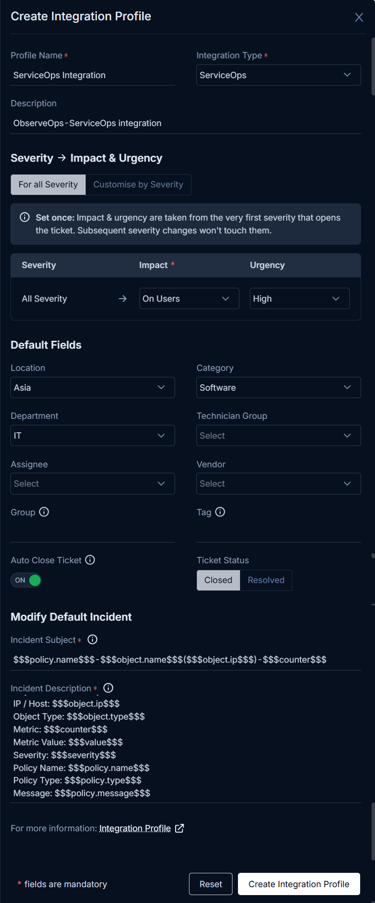 ObserveOps Severity to Impact and Urgency field mapping