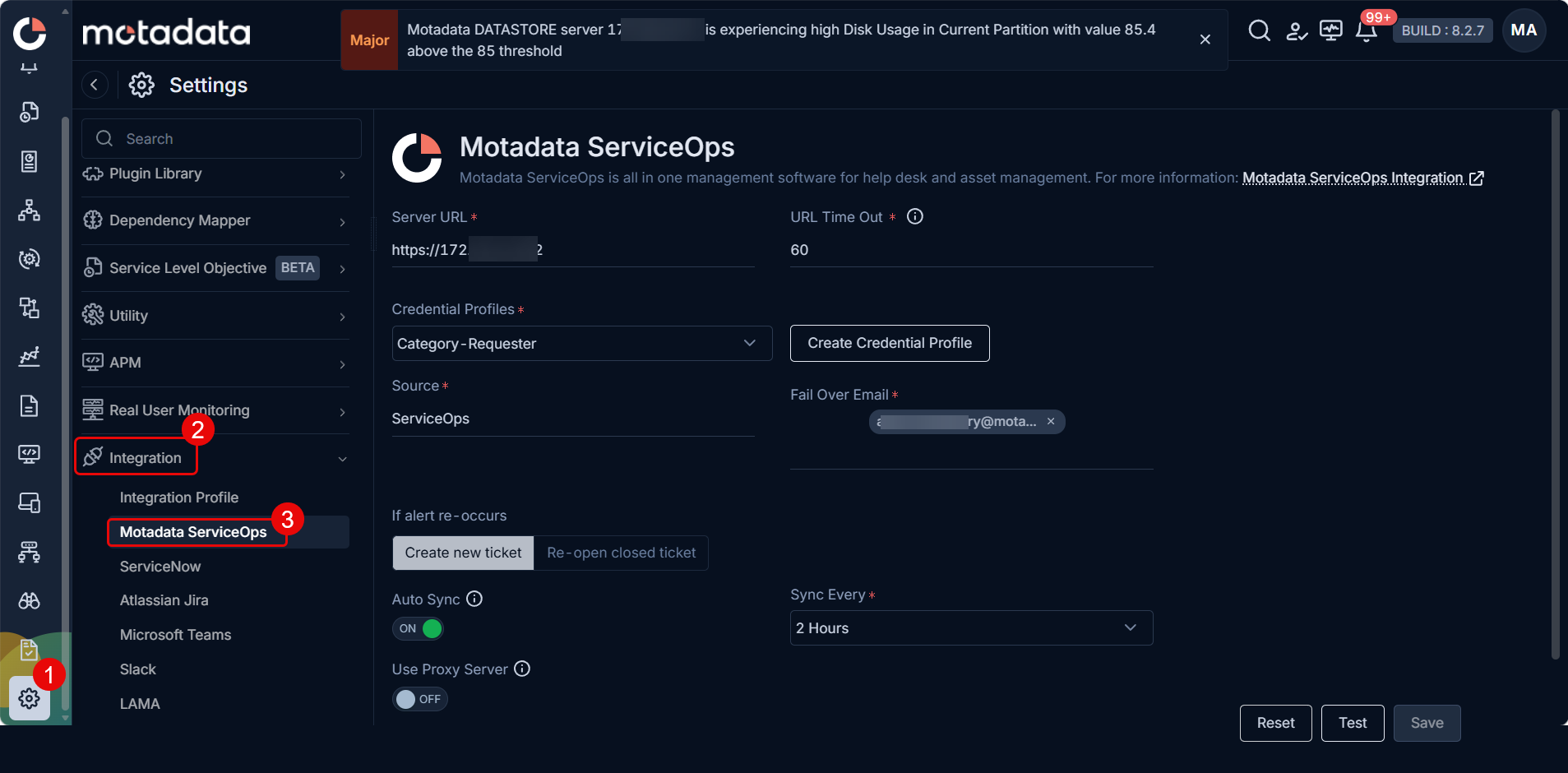 ObserveOps Motadata ServiceOps integration configuration screen showing Server URL, Credential Profile, Source, Failover Email, Auto Sync, and proxy settings