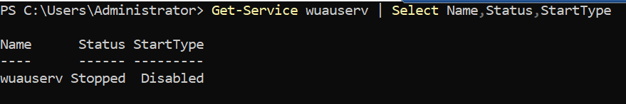 Windows Update service showing Disabled state