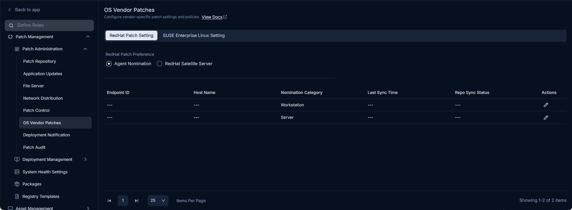 OS Vendor Patches page showing RedHat Patch Setting and SUSE Enterprise Linux Setting sections