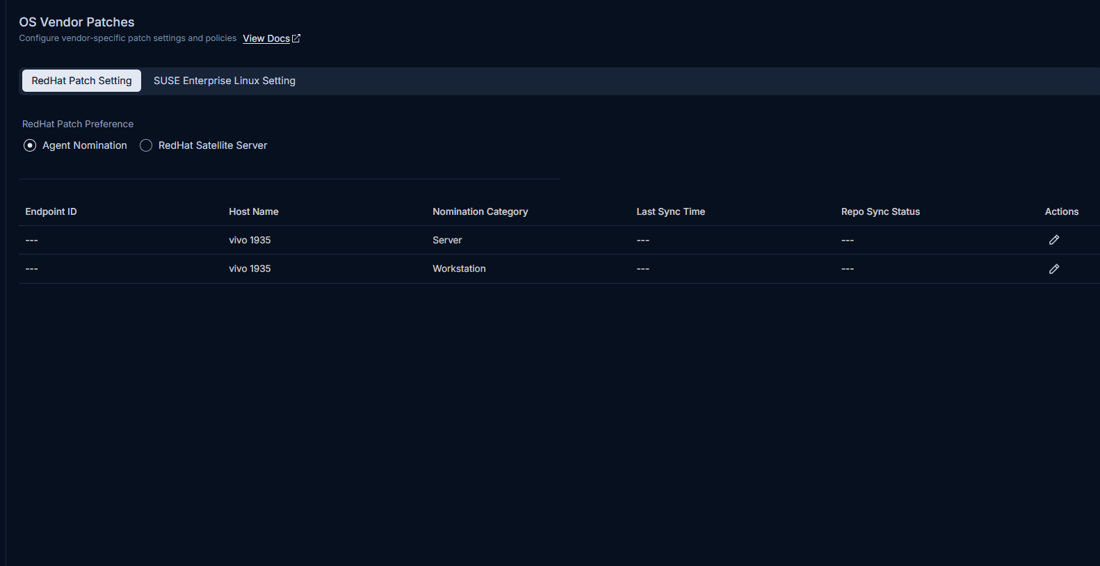 OS Vendor Patches page showing RedHat Patch Setting and SUSE Enterprise Linux Setting sections