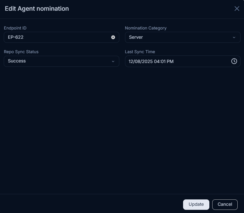 Edit popup for agent nomination showing Agent ID, Nomination Category, Repo Sync Status, and Last Sync Time fields