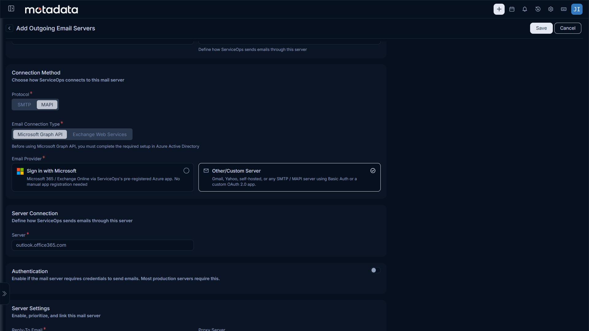 Add Outgoing Email Server form with Other/Custom Server selected, showing the Server Connection and Authentication sections