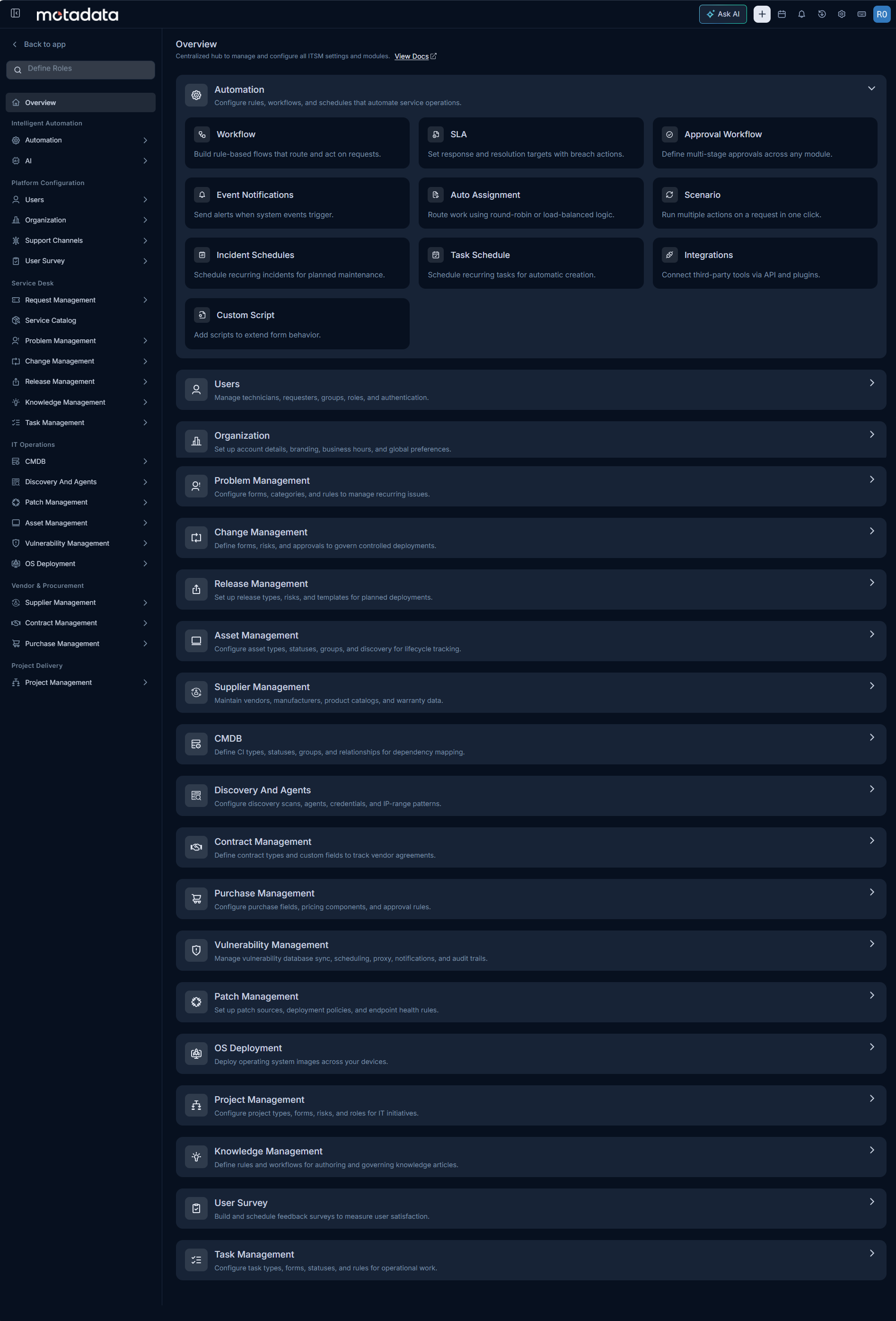 Admin section overview showing all available configuration modules