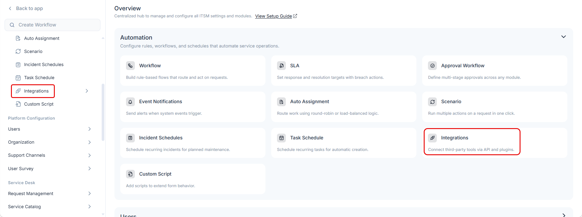 Integrations Menu