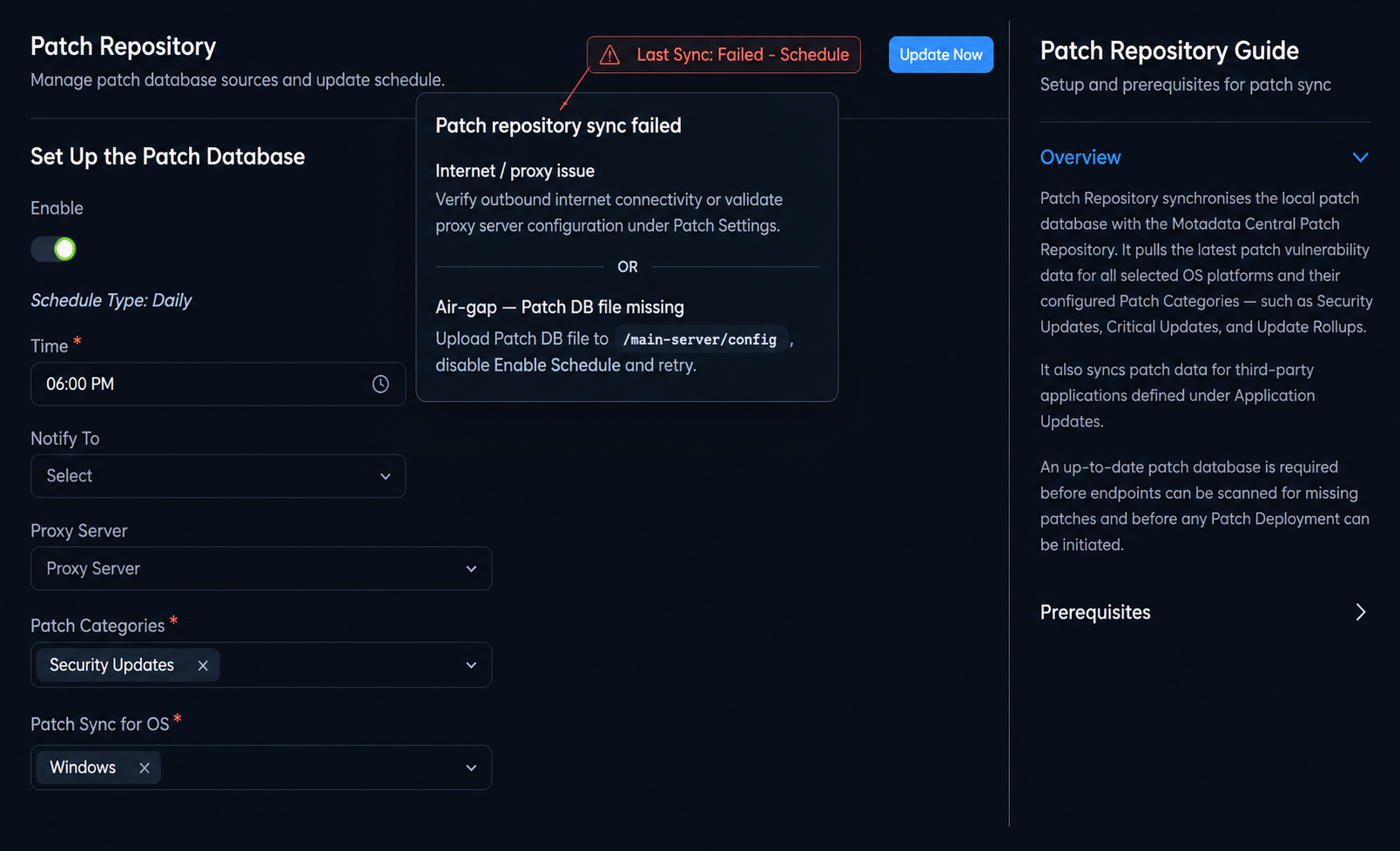 Failed sync tooltip with resolution guidance