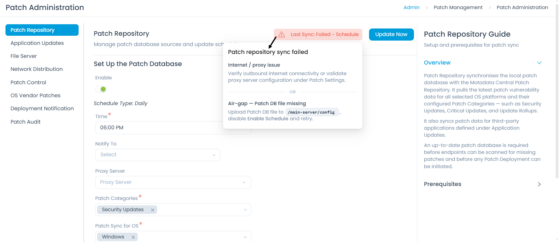 Failed sync tooltip with resolution guidance