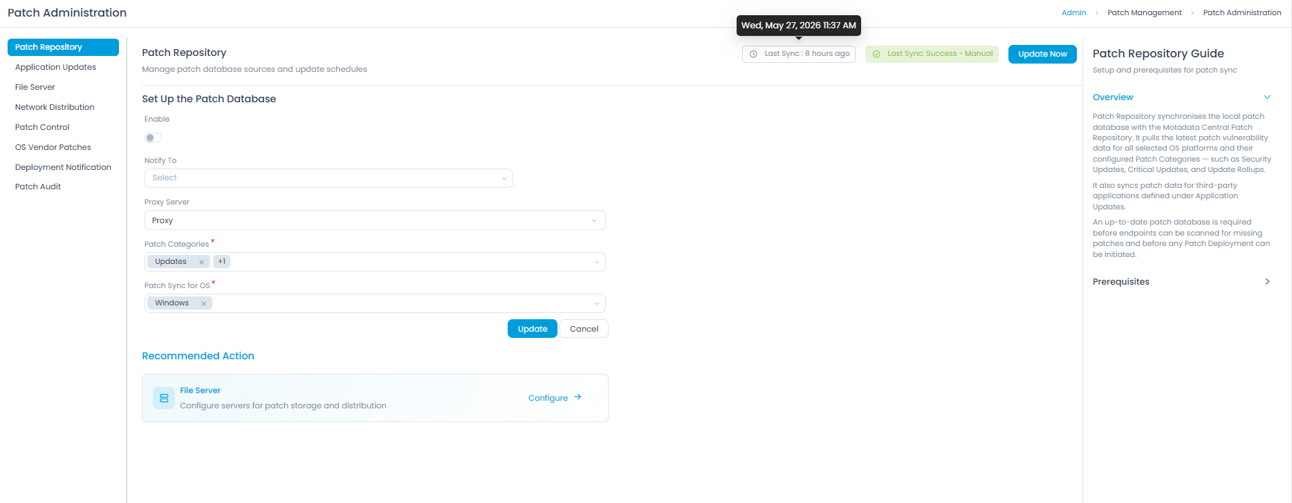 Patch Repository showing Last Sync: Success - Manual status