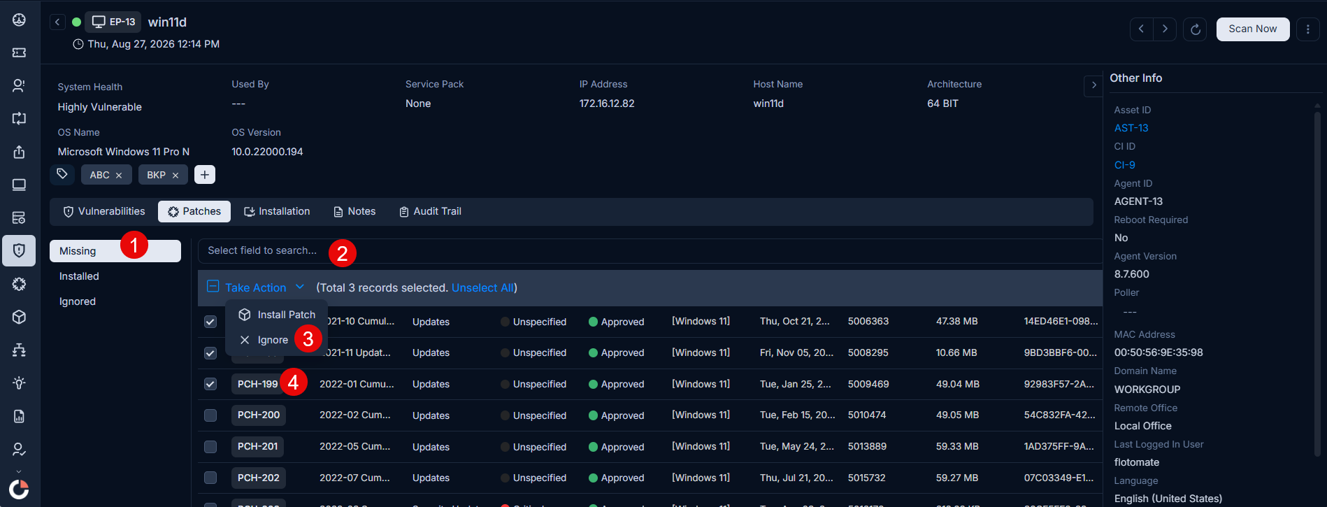 Patches Tab showing Missing, Installed, and Ignored sub-filters with patch records and bulk action options