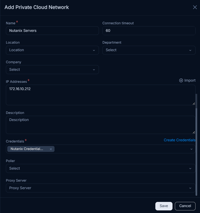 Create Private Cloud Network popup showing all configuration fields