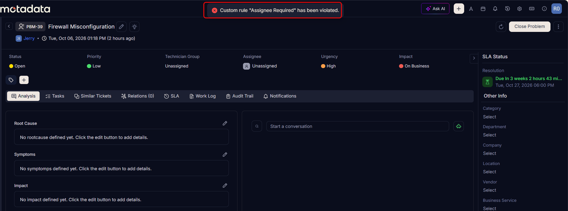 Example of Custom Rule in Problem Management