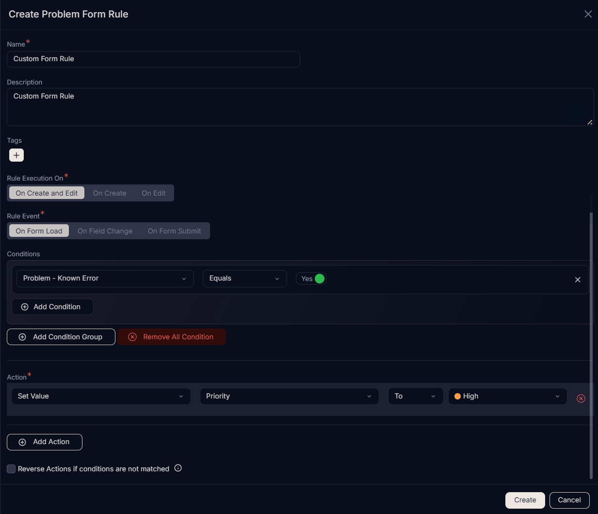 Create Problem Form Rule