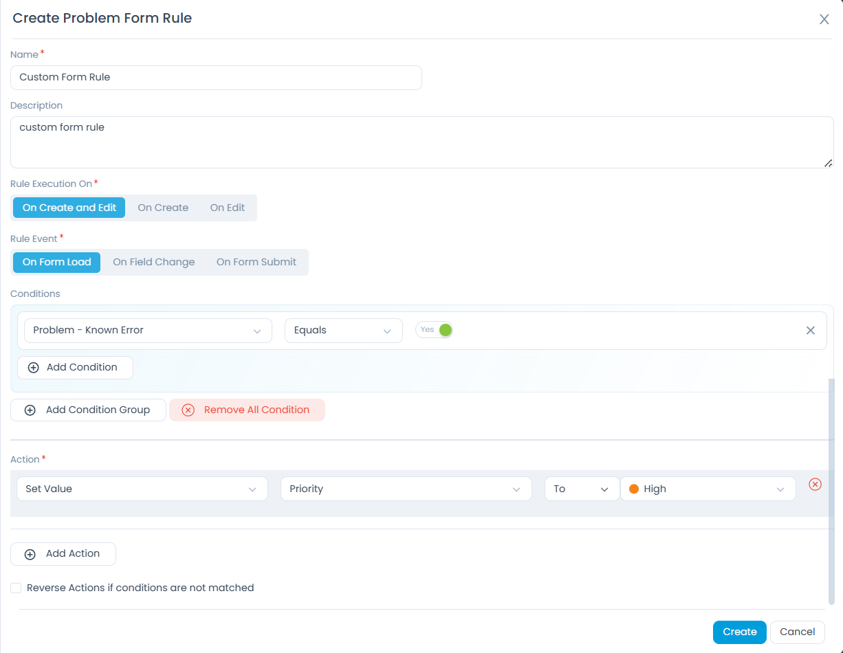 Create Problem Form Rule