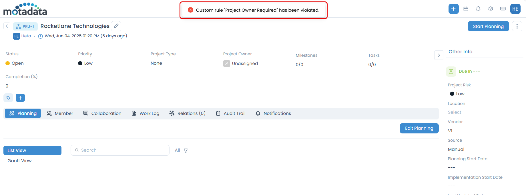 Example of Custom Rules in Project Management