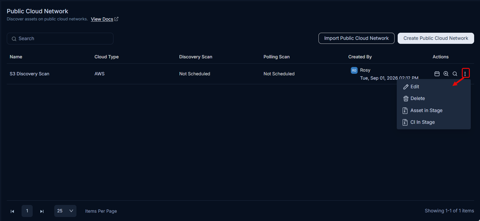 Public Cloud Network list page showing existing cloud scans