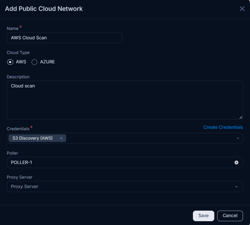 Create Public Cloud Network popup showing cloud type, credentials, Poller, and Proxy Server fields