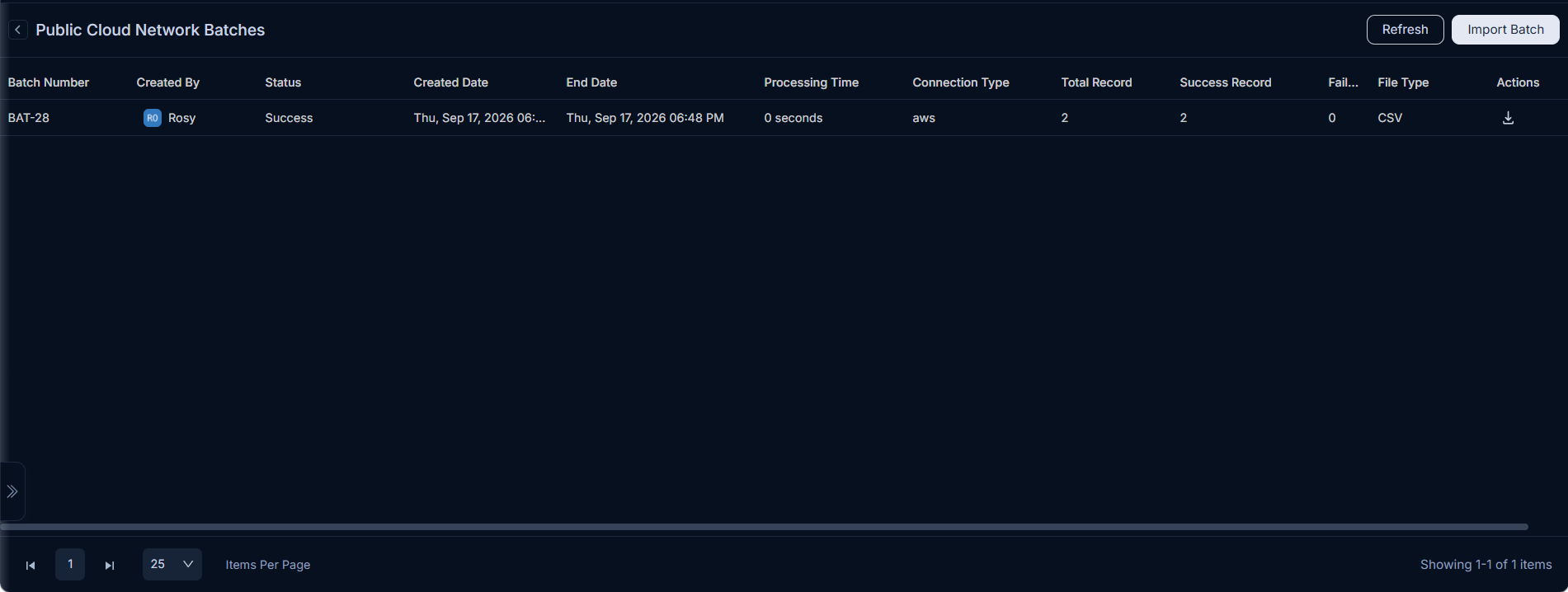 Public Cloud Network Batches list page showing a completed batch with Success status and record counts
