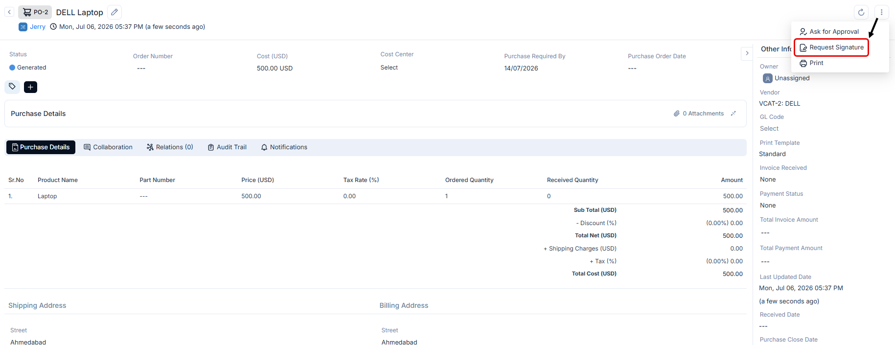 More Actions dropdown on a purchase order detail page with the Request Signature option highlighted