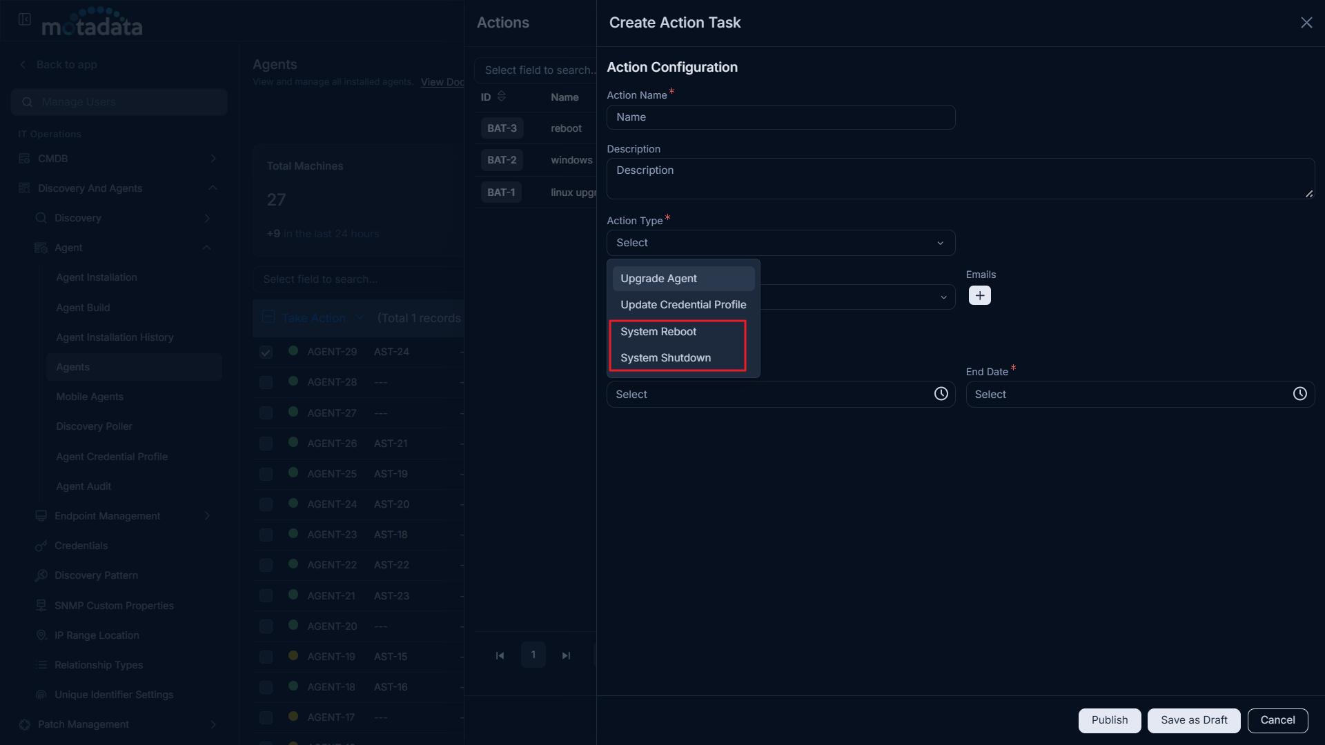System Reboot and System Shutdown actions