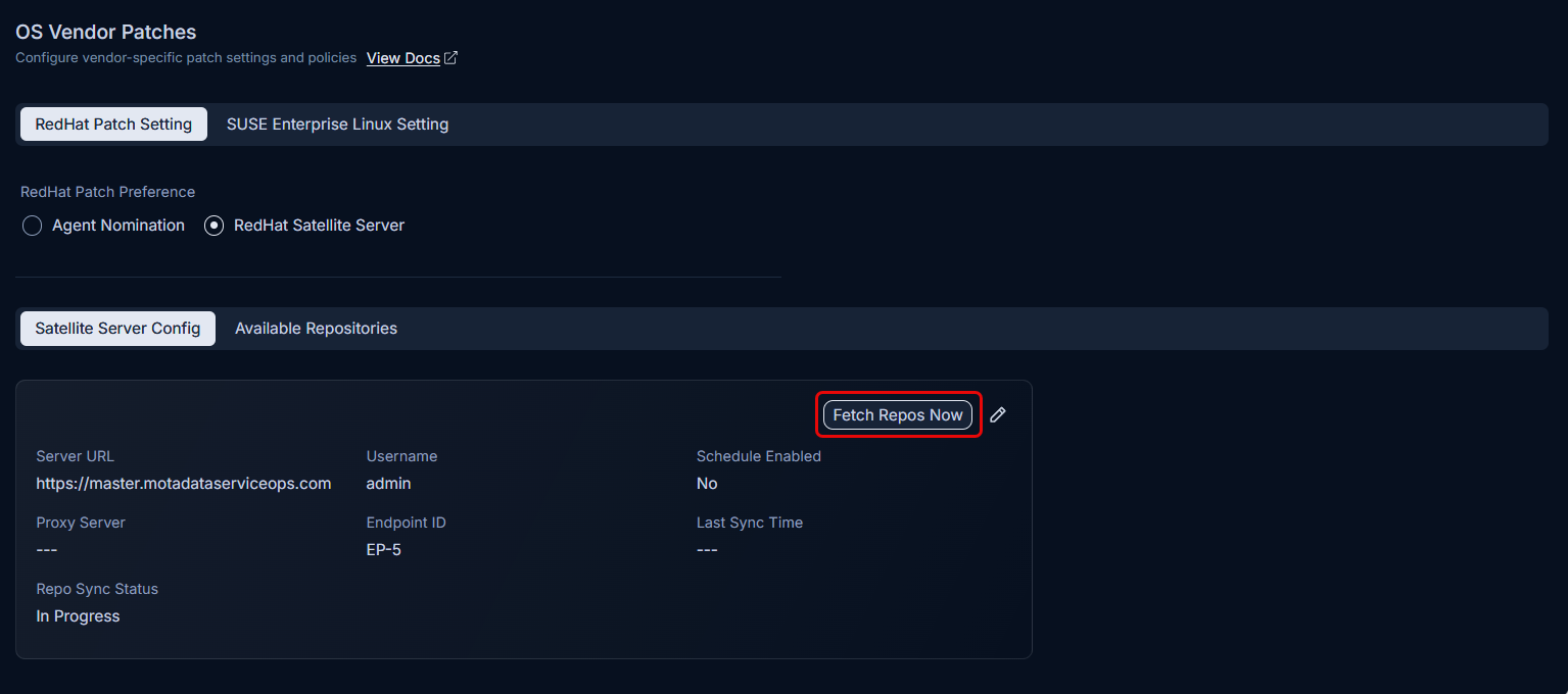 Saved RedHat Satellite Server configuration with server URL and status displayed