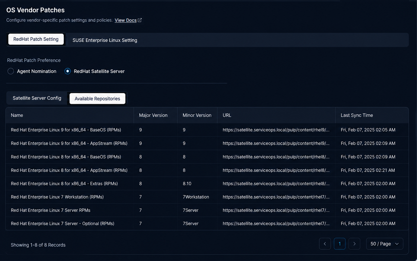 Available Repositories tab showing list of repositories fetched from the RedHat Satellite Server