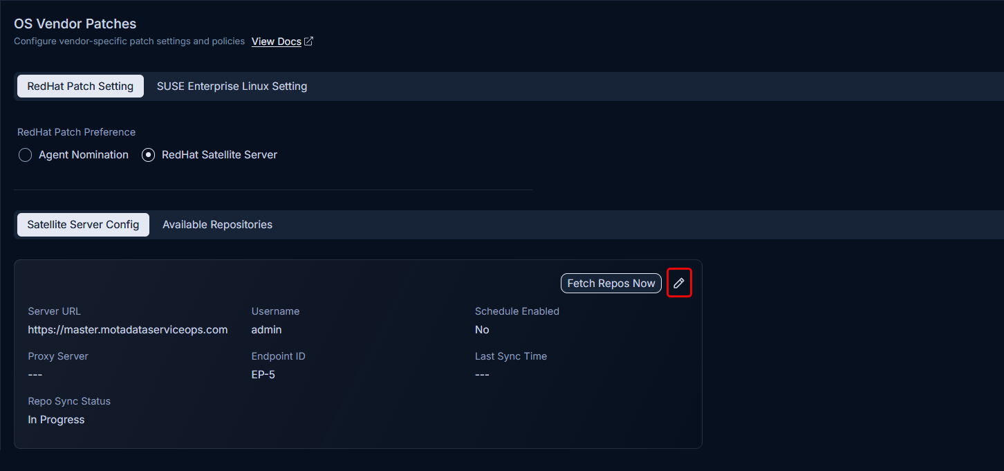 RedHat Satellite Server Integration section showing configuration fields and available repositories