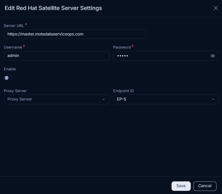Edit configuration popup showing Server URL, Username, Password, Enable Schedule, Proxy Server, and Certificate fields