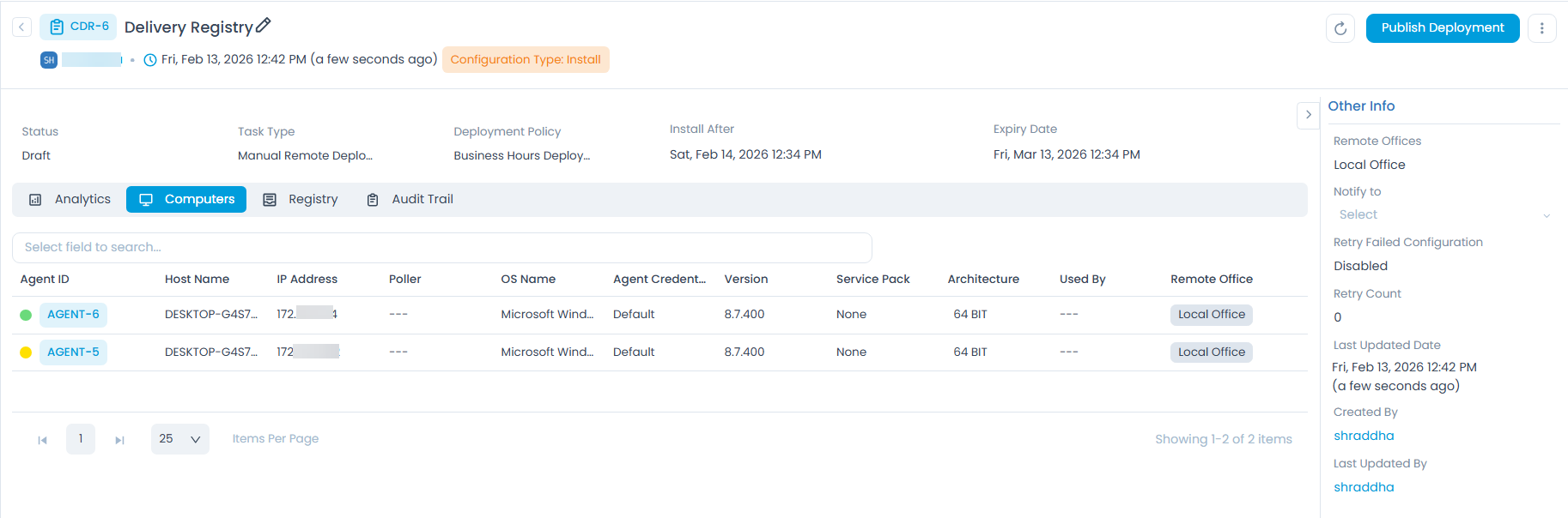 Registry Deployment Details Page